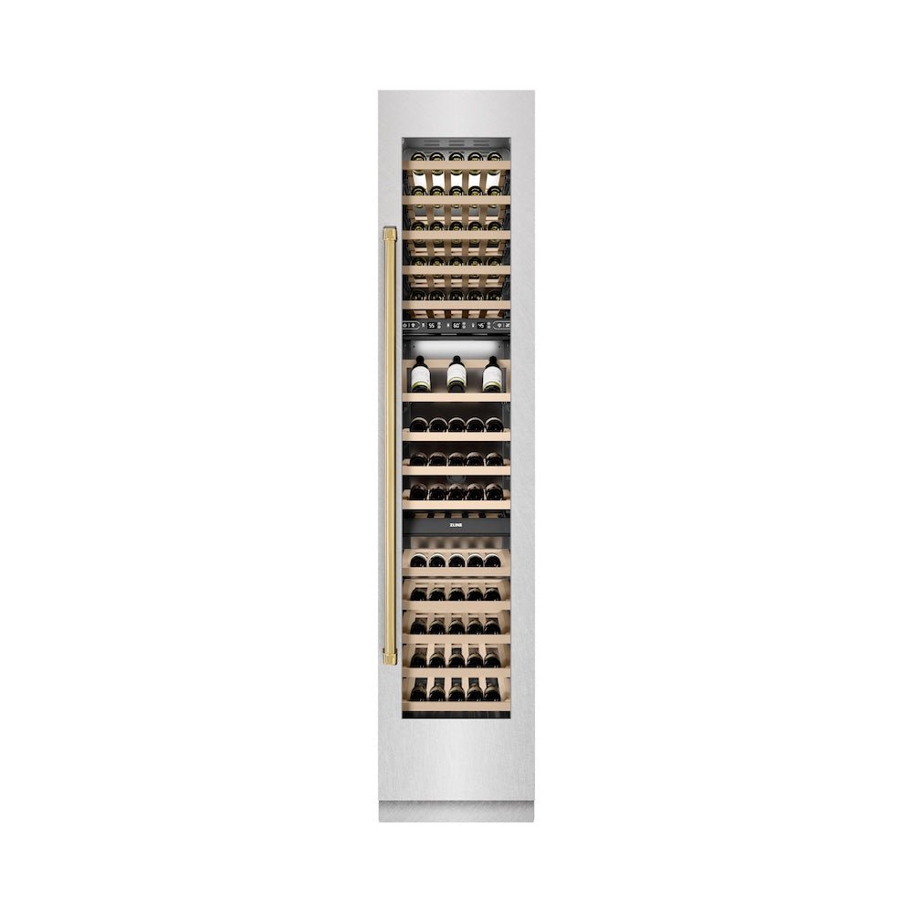 ZLINE Autograph Edition 18 in. 9.0 cu. ft. Triple Zone 68 Bottle Right Hinge Column Wine Cooler in Satin Stainless Steel with Polished Gold Accents (RCWVRZ-SN-18-G)
