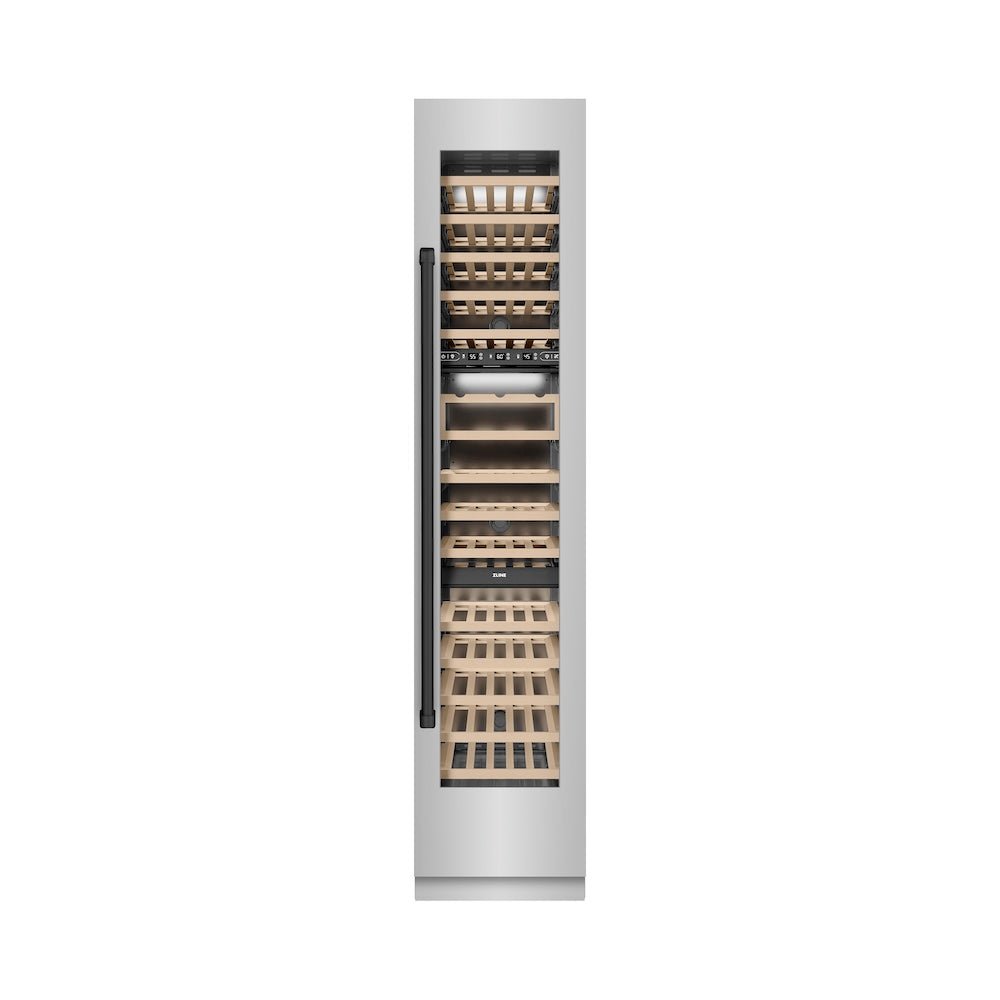 ZLINE Autograph Edition 18 in. 9.0 cu. ft. Triple Zone 68 Bottle Right Hinge Column Wine Cooler in Stainless Steel with Matte Black Accents (RCWVRZ-304-18-MB)