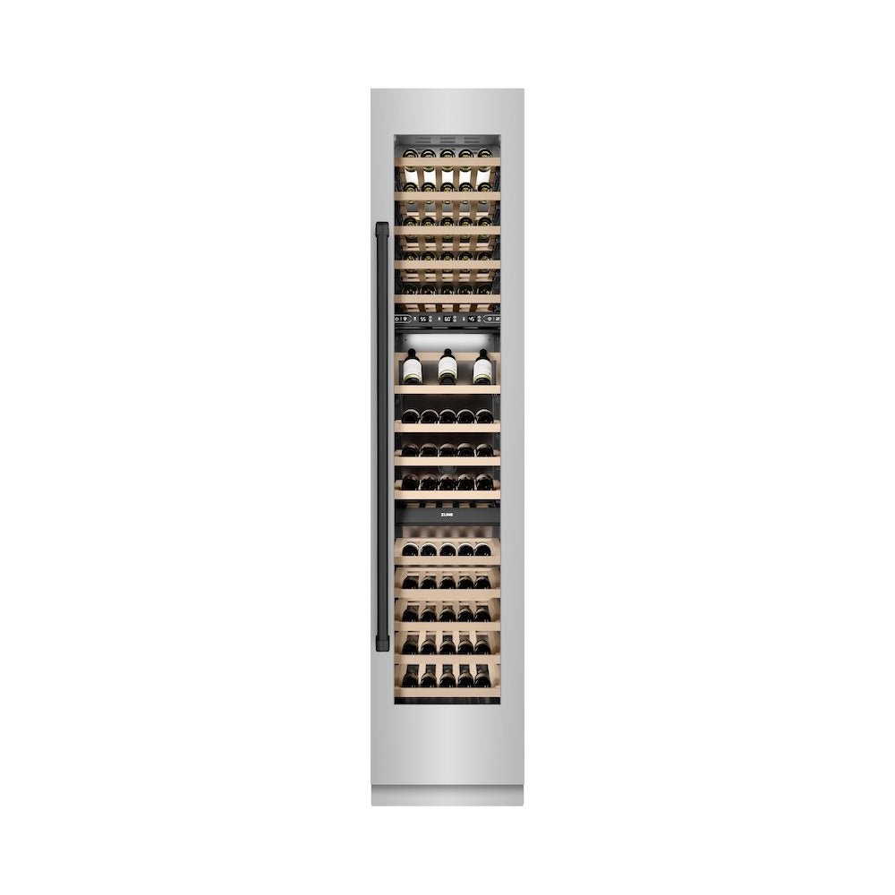 ZLINE Autograph Edition 18 in. 9.0 cu. ft. Triple Zone 68 Bottle Right Hinge Column Wine Cooler in Stainless Steel with Matte Black Accents (RCWVRZ-304-18-MB)