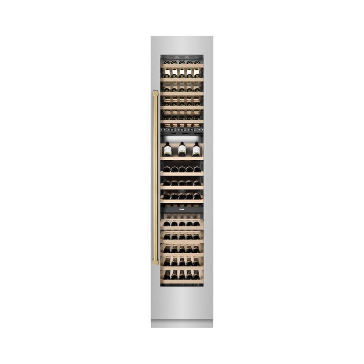 ZLINE Autograph Edition 18 in. 9.0 cu. ft. Triple Zone 68 Bottle Right Hinge Column Wine Cooler in Stainless Steel with Polished Gold Accents (RCWVRZ-30418-G)
