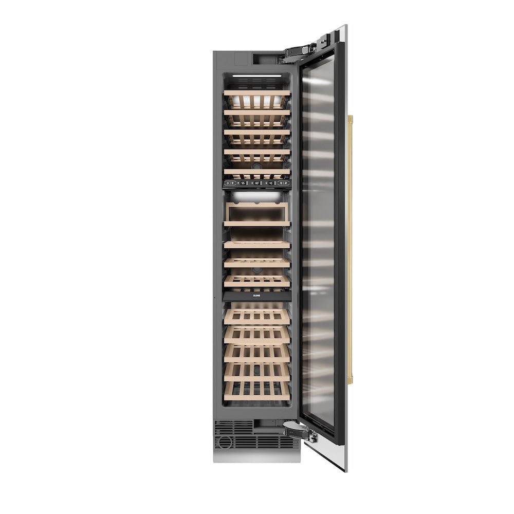 ZLINE Autograph Edition 18 in. 9.0 cu. ft. Triple Zone 68 Bottle Right Hinge Column Wine Cooler in Stainless Steel with Polished Gold Accents (RCWVRZ-30418-G)