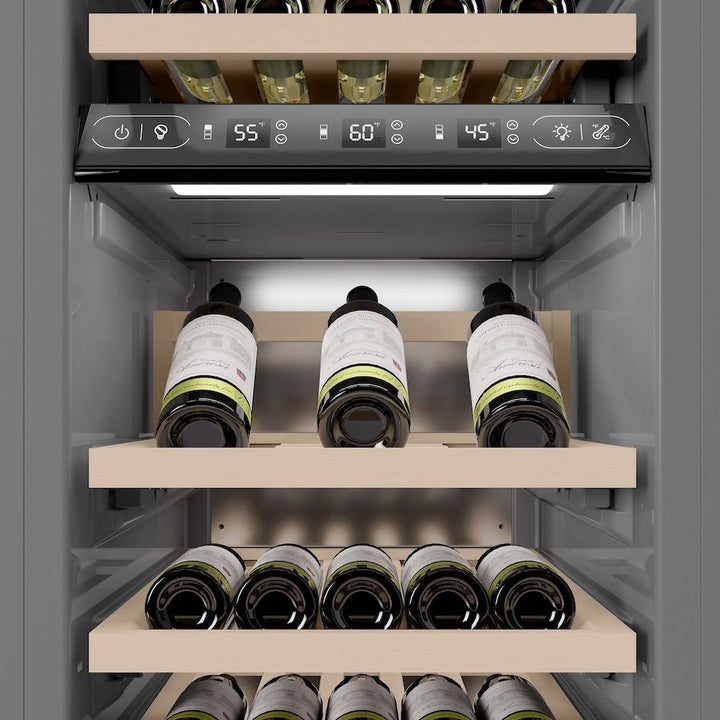 ZLINE Autograph Edition 18 in. 9.0 cu. ft. Triple Zone 68 Bottle Right Hinge Column Wine Cooler in White Matte with Champagne Bronze Accents (RCWVRZ-WM-18-CB)