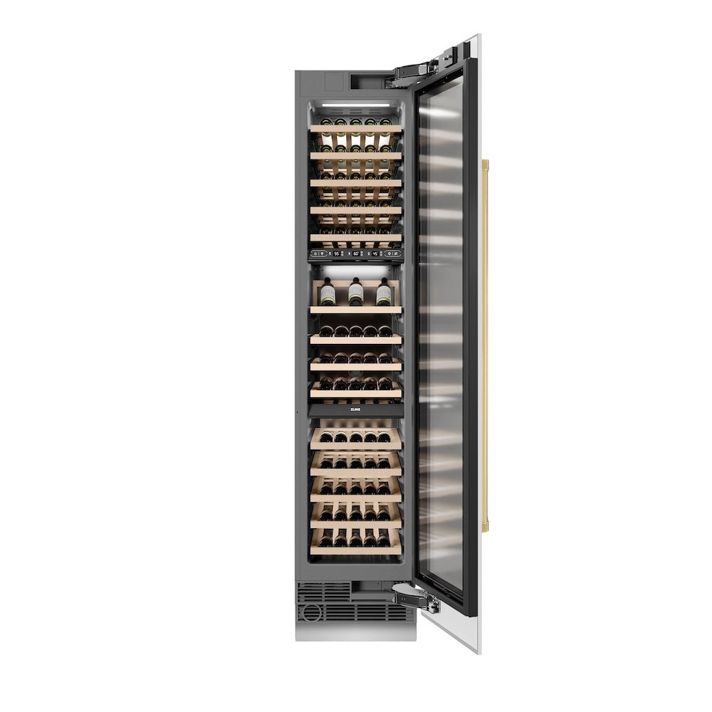 ZLINE Autograph Edition 18 in. 9.0 cu. ft. Triple Zone 68 Bottle Right Hinge Column Wine Cooler in White Matte with Polished Gold Accents (RCWVRZ-WM-18-G)