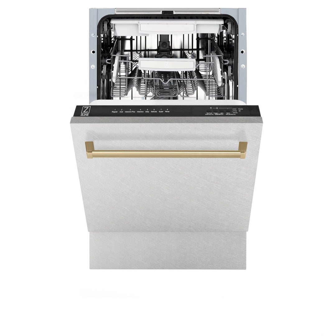 ZLINE Autograph Edition 18â€ Tallac Series 3rd Rack Top Control Built-In Dishwasher in Fingerprint Resistant Stainless Steel with Champagne Bronze Handle, 51dBa (DWVZ-SN-18-CB)