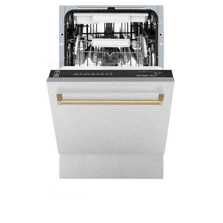 ZLINE Autograph Edition 18â€ Tallac Series 3rd Rack Top Control Built-In Dishwasher in Fingerprint Resistant Stainless Steel with Champagne Bronze Handle, 51dBa (DWVZ-SN-18-CB)