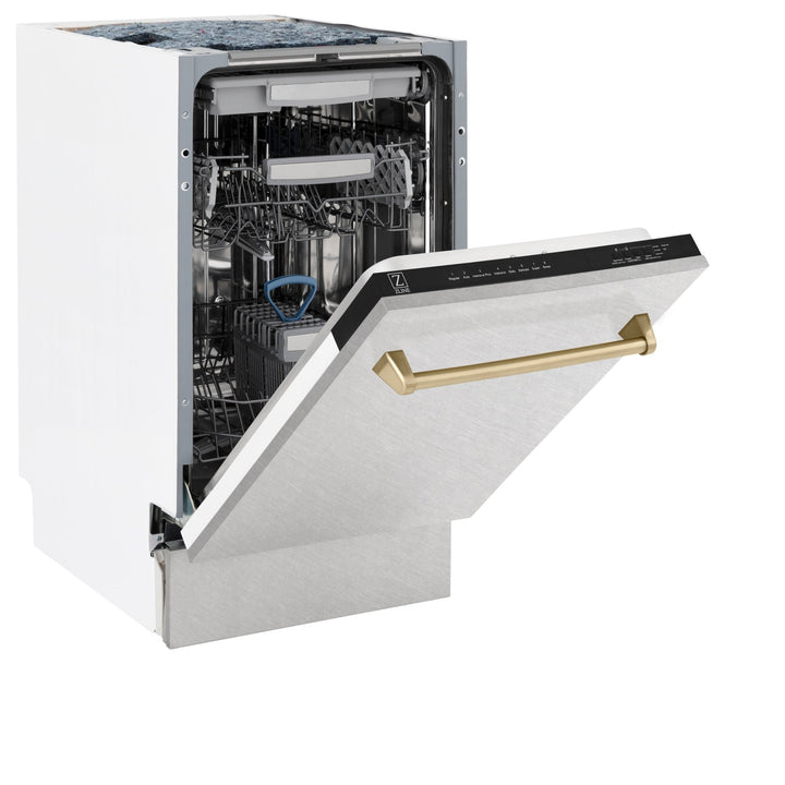ZLINE Autograph Edition 18â€ Tallac Series 3rd Rack Top Control Built-In Dishwasher in Fingerprint Resistant Stainless Steel with Champagne Bronze Handle, 51dBa (DWVZ-SN-18-CB)
