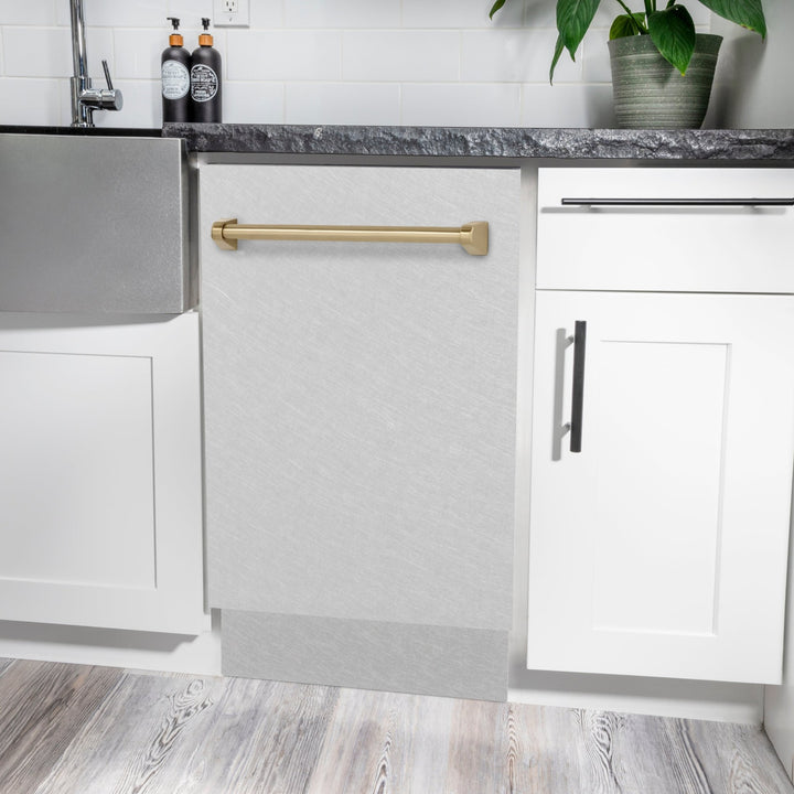 ZLINE Autograph Edition 18â€ Tallac Series 3rd Rack Top Control Built-In Dishwasher in Fingerprint Resistant Stainless Steel with Champagne Bronze Handle, 51dBa (DWVZ-SN-18-CB)