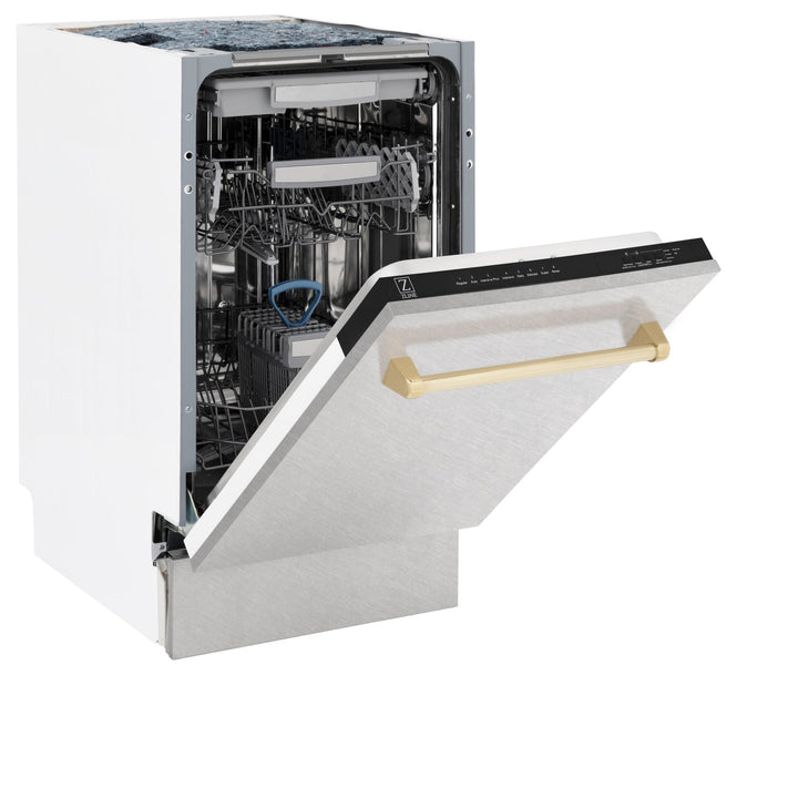 ZLINE Autograph Edition 18â€ Tallac Series 3rd Rack Top Control Built-In Dishwasher in Fingerprint Resistant Stainless Steel with Polished Gold Handle, 51dBa (DWVZ-SN-18-G)