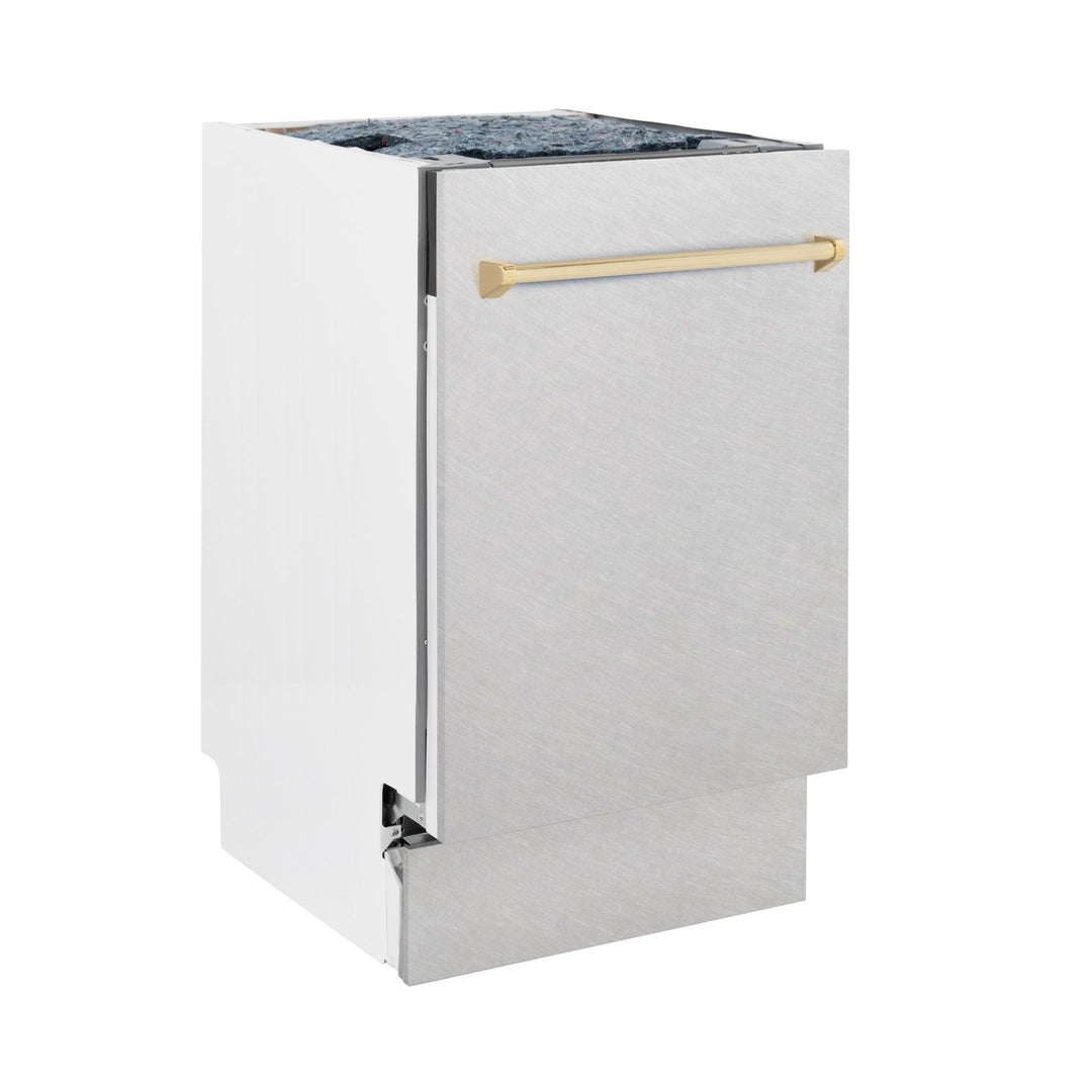 ZLINE Autograph Edition 18â€ Tallac Series 3rd Rack Top Control Built-In Dishwasher in Fingerprint Resistant Stainless Steel with Polished Gold Handle, 51dBa (DWVZ-SN-18-G)