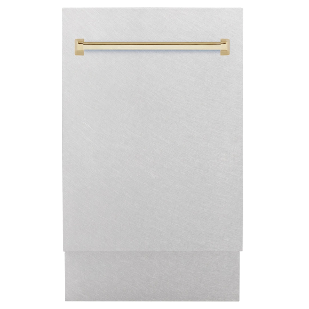 ZLINE Autograph Edition 18â€ Tallac Series 3rd Rack Top Control Built-In Dishwasher in Fingerprint Resistant Stainless Steel with Polished Gold Handle, 51dBa (DWVZ-SN-18-G)