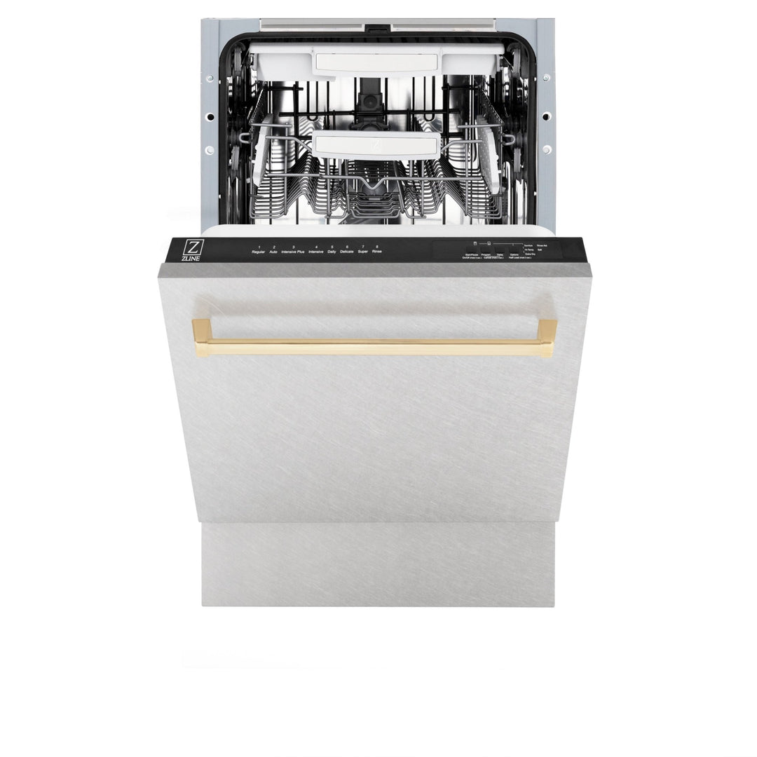 ZLINE Autograph Edition 18â€ Tallac Series 3rd Rack Top Control Built-In Dishwasher in Fingerprint Resistant Stainless Steel with Polished Gold Handle, 51dBa (DWVZ-SN-18-G)