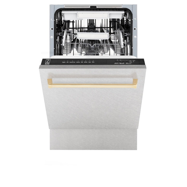 ZLINE Autograph Edition 18â€ Tallac Series 3rd Rack Top Control Built-In Dishwasher in Fingerprint Resistant Stainless Steel with Polished Gold Handle, 51dBa (DWVZ-SN-18-G)
