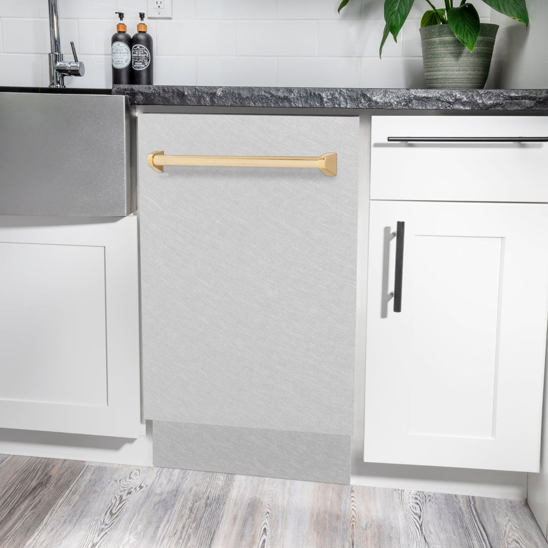 ZLINE Autograph Edition 18â€ Tallac Series 3rd Rack Top Control Built-In Dishwasher in Fingerprint Resistant Stainless Steel with Polished Gold Handle, 51dBa (DWVZ-SN-18-G)
