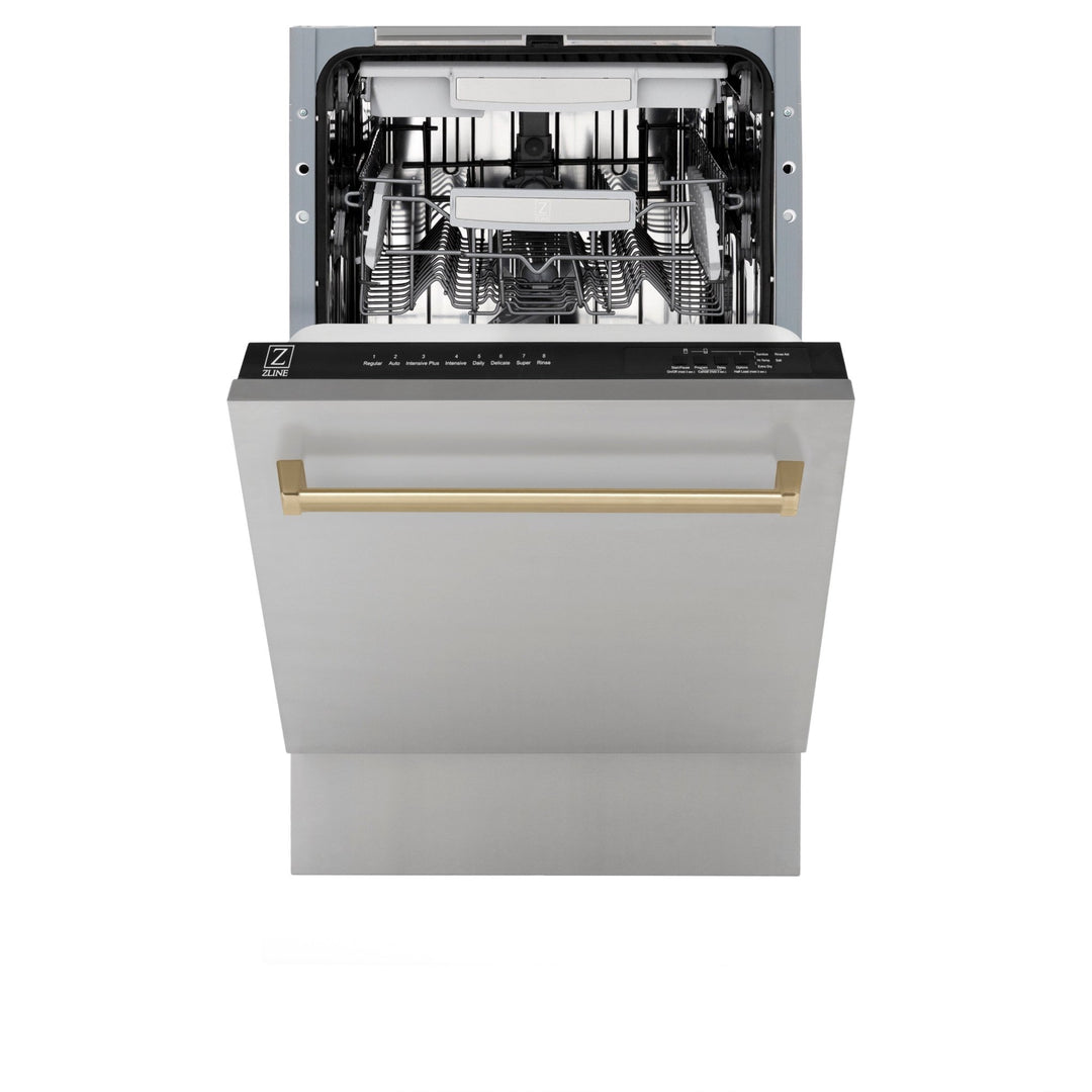 ZLINE Autograph Edition 18â€ Tallac Series 3rd Rack Top Control Built-In Dishwasher in Stainless Steel with Champagne Bronze Handle, 51dBa (DWVZ-304-18-CB)