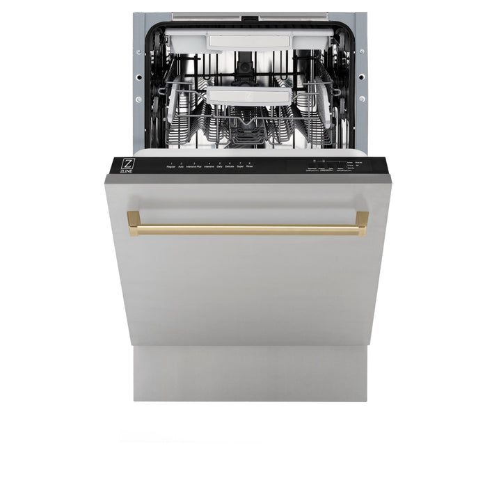 ZLINE Autograph Edition 18â€ Tallac Series 3rd Rack Top Control Built-In Dishwasher in Stainless Steel with Champagne Bronze Handle, 51dBa (DWVZ-304-18-CB)