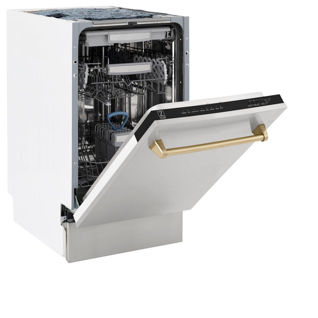 ZLINE Autograph Edition 18â€ Tallac Series 3rd Rack Top Control Built-In Dishwasher in Stainless Steel with Champagne Bronze Handle, 51dBa (DWVZ-304-18-CB)