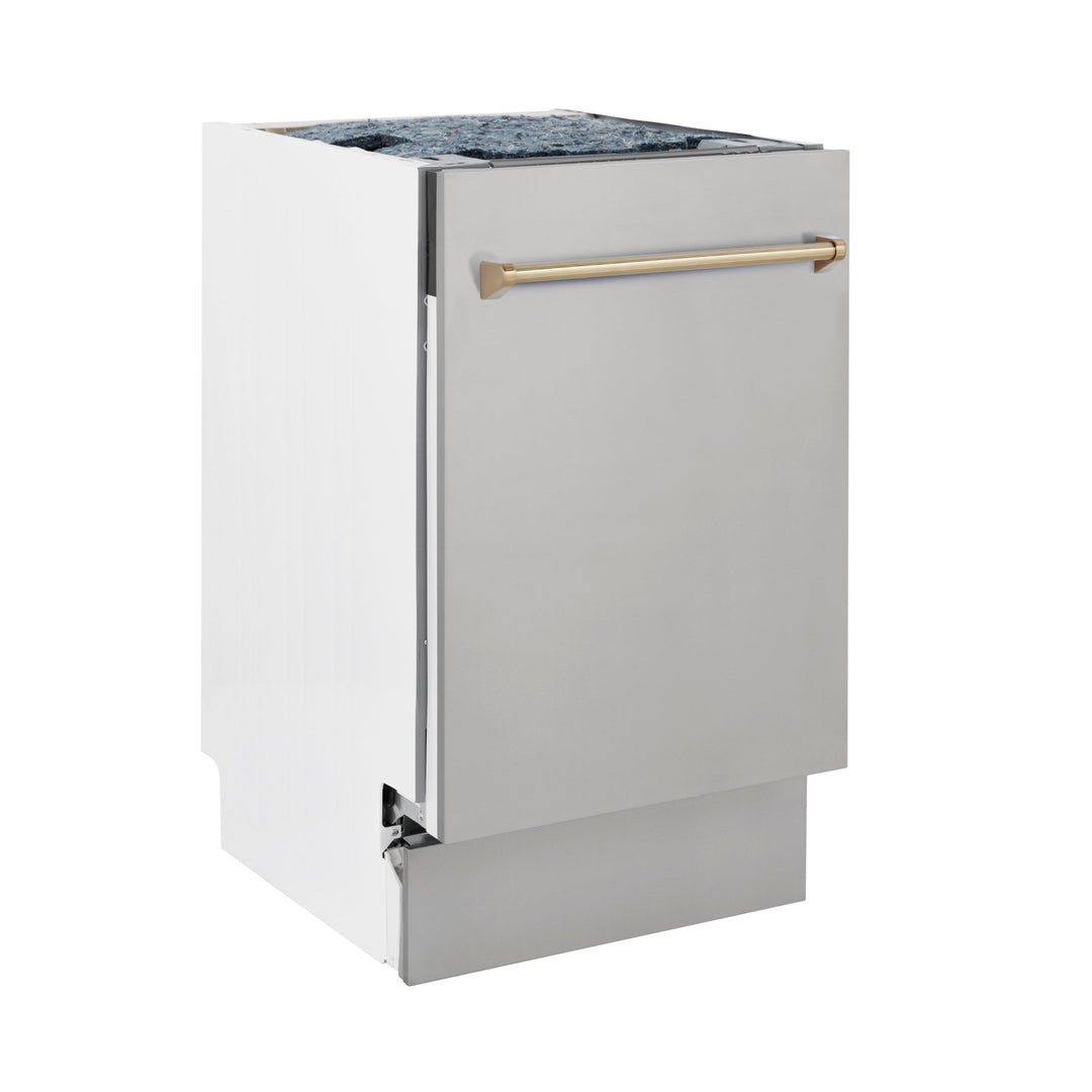 ZLINE Autograph Edition 18â€ Tallac Series 3rd Rack Top Control Built-In Dishwasher in Stainless Steel with Champagne Bronze Handle, 51dBa (DWVZ-304-18-CB)