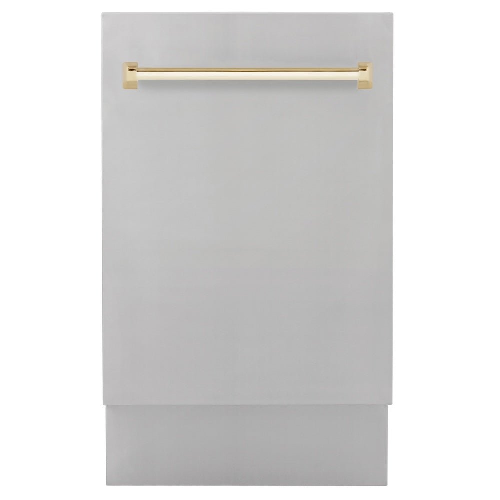 ZLINE Autograph Edition 18â€ Tallac Series 3rd Rack Top Control Built-In Dishwasher in Stainless Steel with Polished Gold Handle, 51dBa (DWVZ-304-18-G)