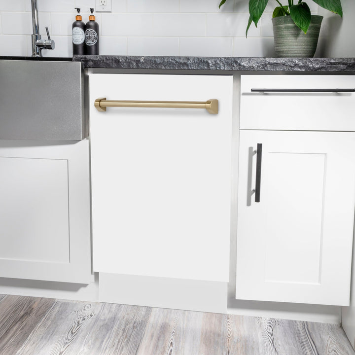 ZLINE Autograph Edition 18â€ Tallac Series 3rd Rack Top Control Built-In Dishwasher in White Matte with Champagne Bronze Handle, 51dBa (DWVZ-WM-18-CB)