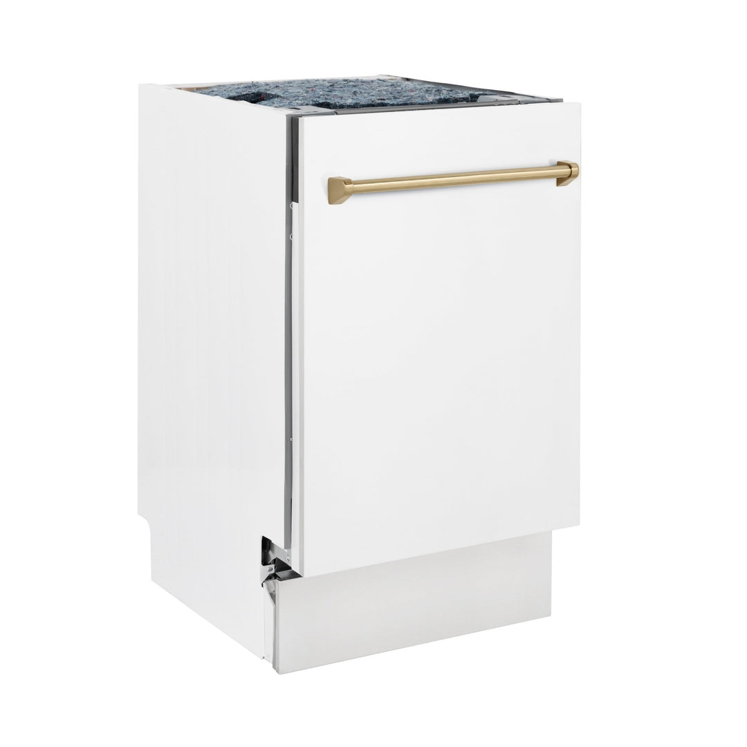 ZLINE Autograph Edition 18â€ Tallac Series 3rd Rack Top Control Built-In Dishwasher in White Matte with Champagne Bronze Handle, 51dBa (DWVZ-WM-18-CB)