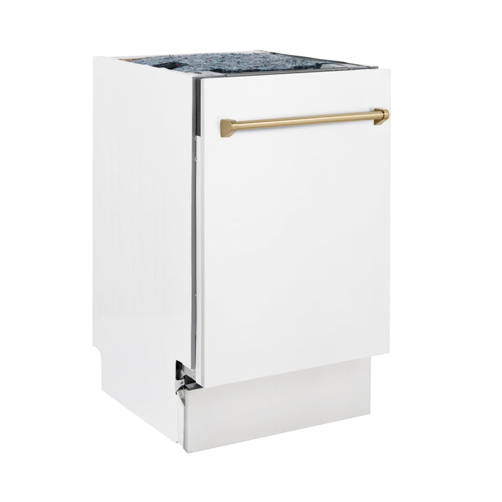 ZLINE Autograph Edition 18â€ Tallac Series 3rd Rack Top Control Built-In Dishwasher in White Matte with Champagne Bronze Handle, 51dBa (DWVZ-WM-18-CB)