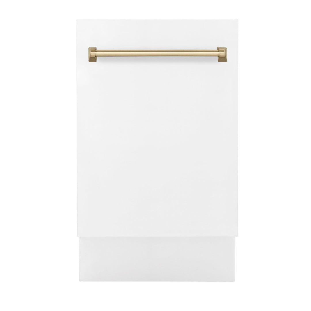 ZLINE Autograph Edition 18â€ Tallac Series 3rd Rack Top Control Built-In Dishwasher in White Matte with Champagne Bronze Handle, 51dBa (DWVZ-WM-18-CB)