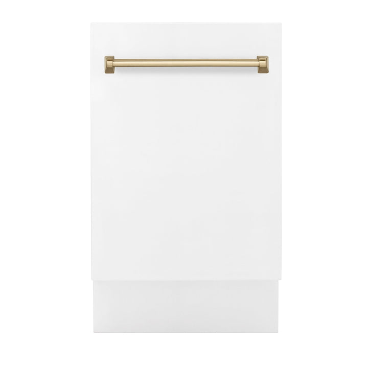 ZLINE Autograph Edition 18â€ Tallac Series 3rd Rack Top Control Built-In Dishwasher in White Matte with Champagne Bronze Handle, 51dBa (DWVZ-WM-18-CB)