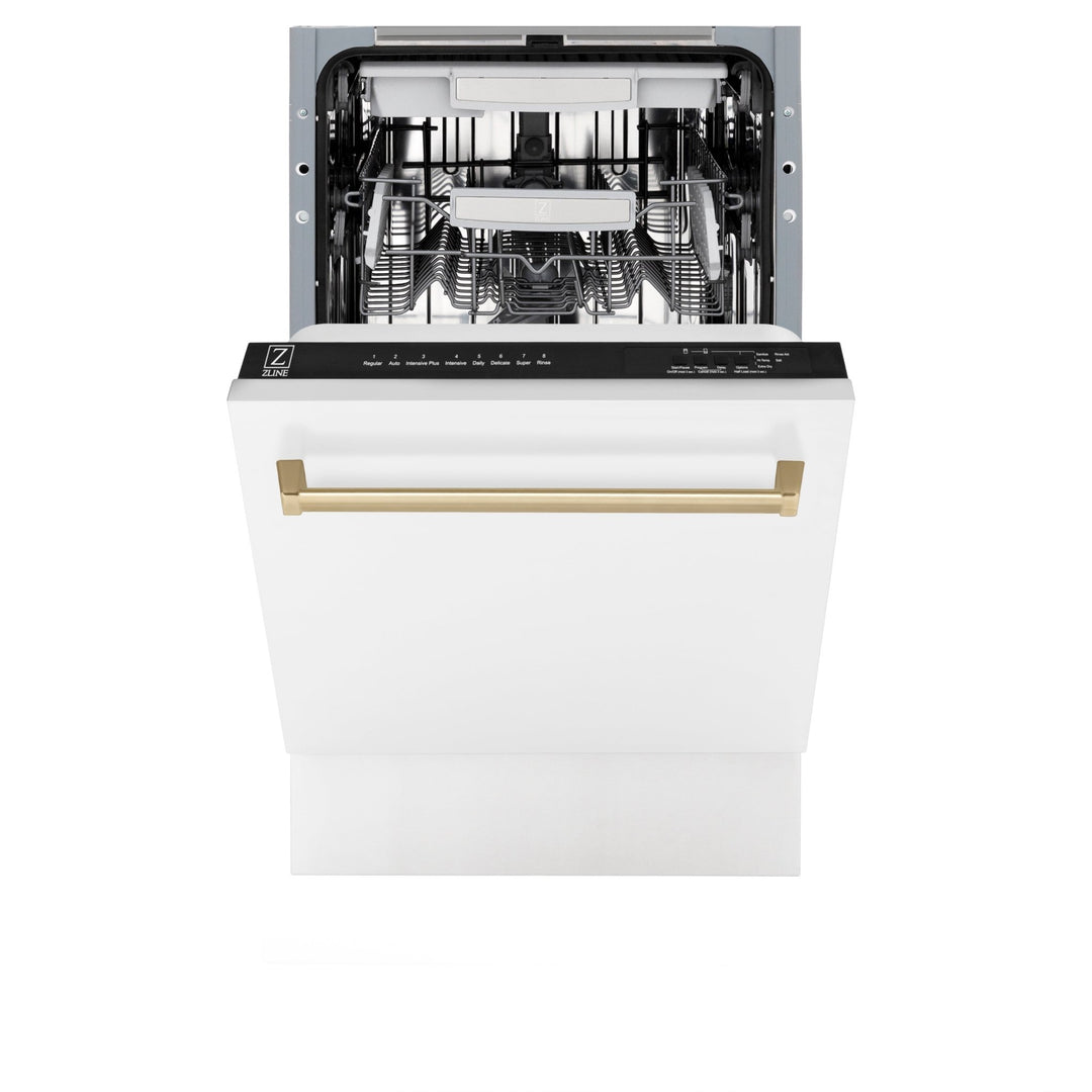 ZLINE Autograph Edition 18â€ Tallac Series 3rd Rack Top Control Built-In Dishwasher in White Matte with Champagne Bronze Handle, 51dBa (DWVZ-WM-18-CB)