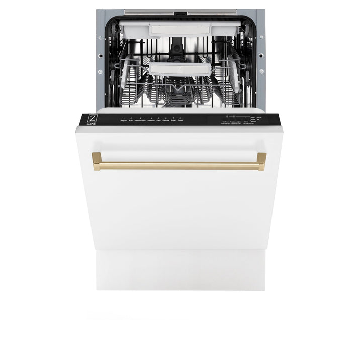 ZLINE Autograph Edition 18â€ Tallac Series 3rd Rack Top Control Built-In Dishwasher in White Matte with Champagne Bronze Handle, 51dBa (DWVZ-WM-18-CB)
