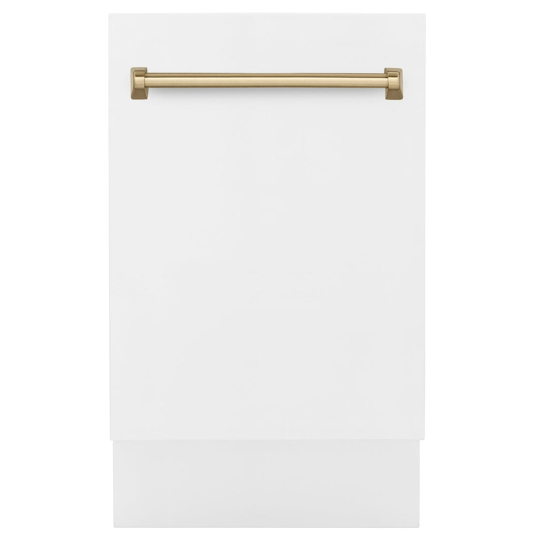 ZLINE Autograph Edition 18â€ Tallac Series 3rd Rack Top Control Built-In Dishwasher in White Matte with Champagne Bronze Handle, 51dBa (DWVZ-WM-18-CB)