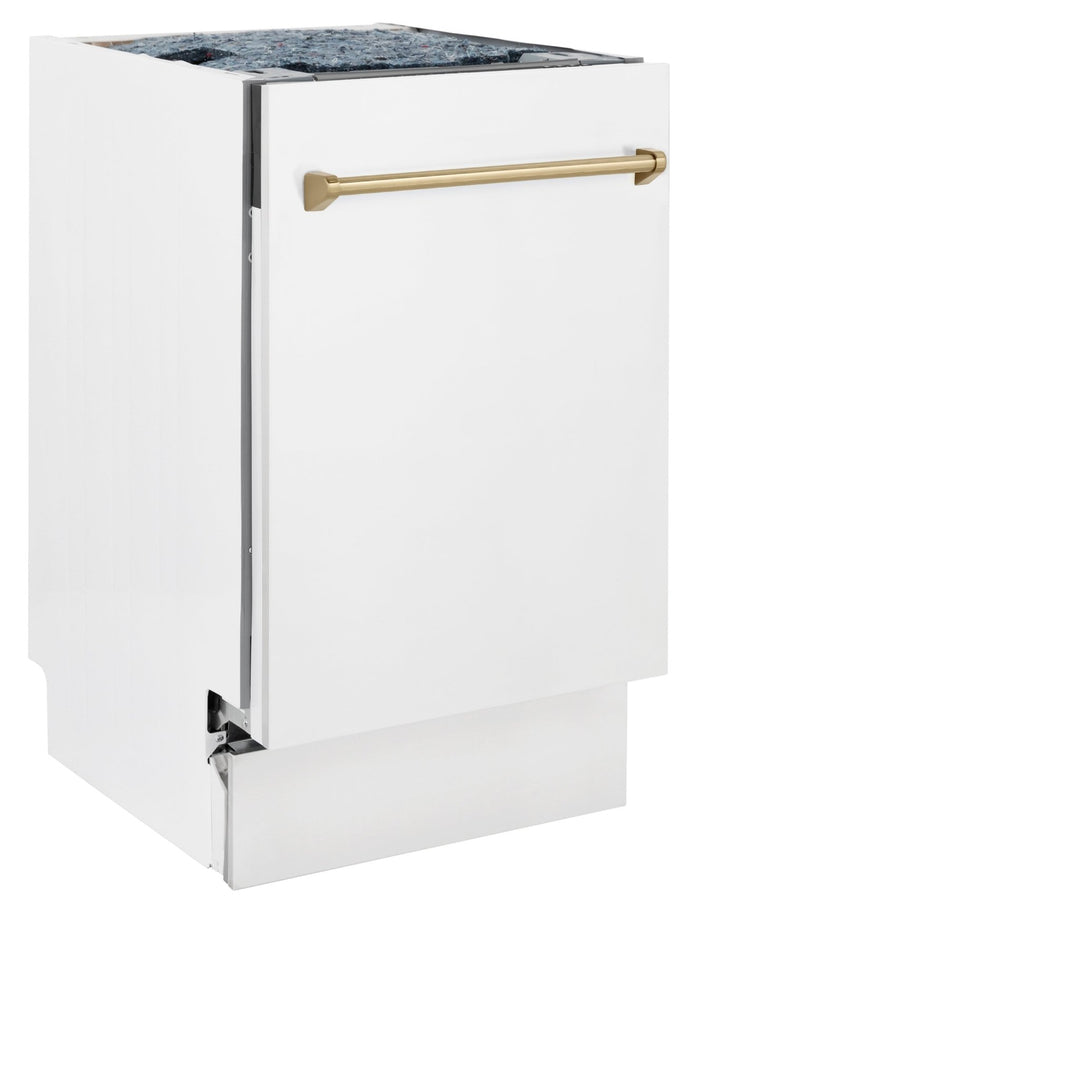 ZLINE Autograph Edition 18â€ Tallac Series 3rd Rack Top Control Built-In Dishwasher in White Matte with Champagne Bronze Handle, 51dBa (DWVZ-WM-18-CB)