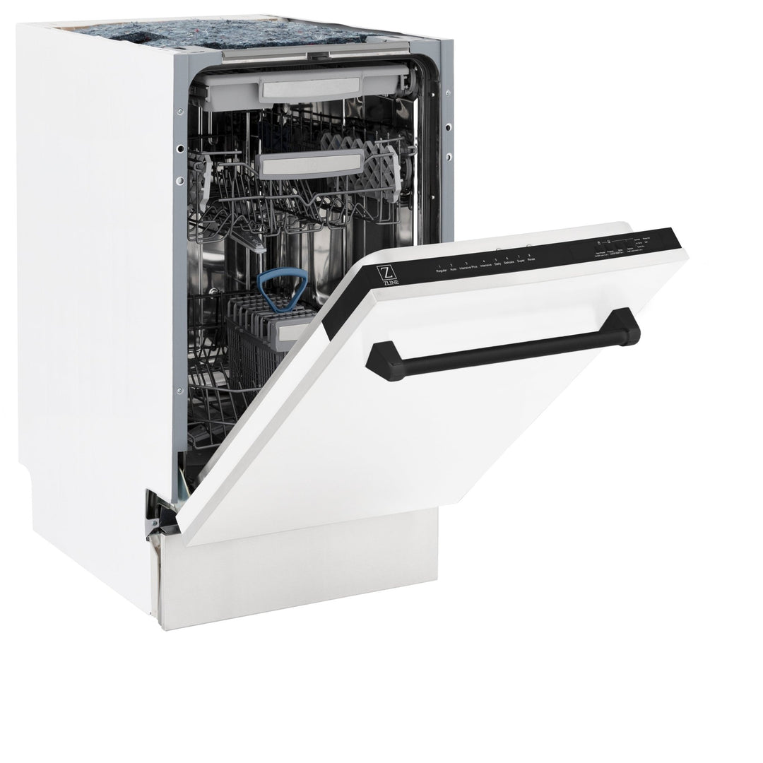 ZLINE Autograph Edition 18â€ Tallac Series 3rd Rack Top Control Built-In Dishwasher in White Matte with Matte Black Handle, 51dBa (DWVZ-WM-18-MB)