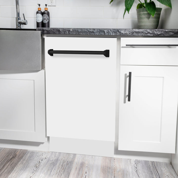 ZLINE Autograph Edition 18â€ Tallac Series 3rd Rack Top Control Built-In Dishwasher in White Matte with Matte Black Handle, 51dBa (DWVZ-WM-18-MB)
