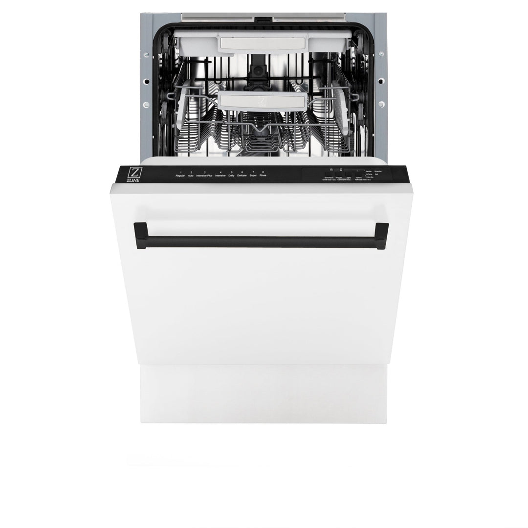 ZLINE Autograph Edition 18â€ Tallac Series 3rd Rack Top Control Built-In Dishwasher in White Matte with Matte Black Handle, 51dBa (DWVZ-WM-18-MB)