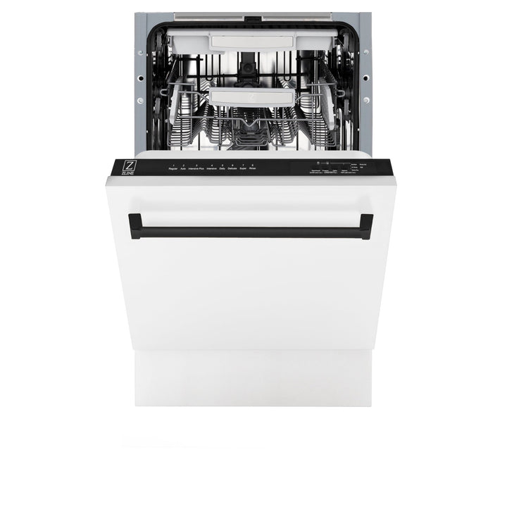ZLINE Autograph Edition 18â€ Tallac Series 3rd Rack Top Control Built-In Dishwasher in White Matte with Matte Black Handle, 51dBa (DWVZ-WM-18-MB)
