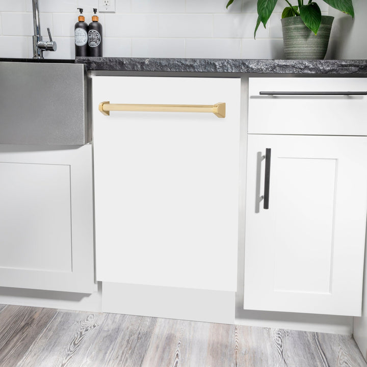 ZLINE Autograph Edition 18â€ Tallac Series 3rd Rack Top Control Built-In Dishwasher in White Matte with Polished Gold Handle, 51dBa (DWVZ-WM-18-G)