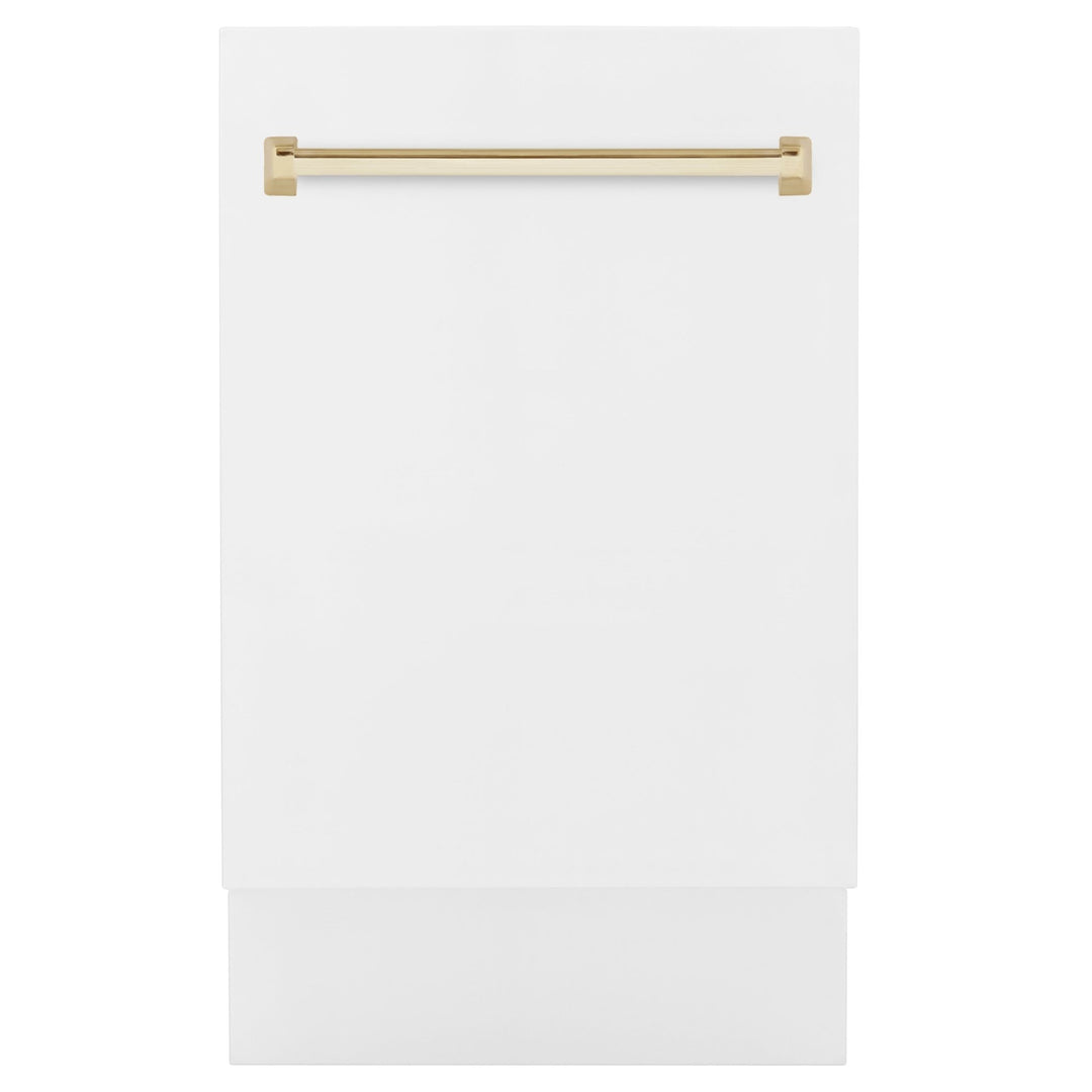 ZLINE Autograph Edition 18â€ Tallac Series 3rd Rack Top Control Built-In Dishwasher in White Matte with Polished Gold Handle, 51dBa (DWVZ-WM-18-G)