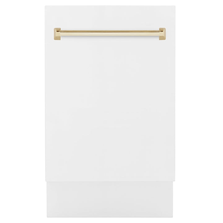 ZLINE Autograph Edition 18â€ Tallac Series 3rd Rack Top Control Built-In Dishwasher in White Matte with Polished Gold Handle, 51dBa (DWVZ-WM-18-G)