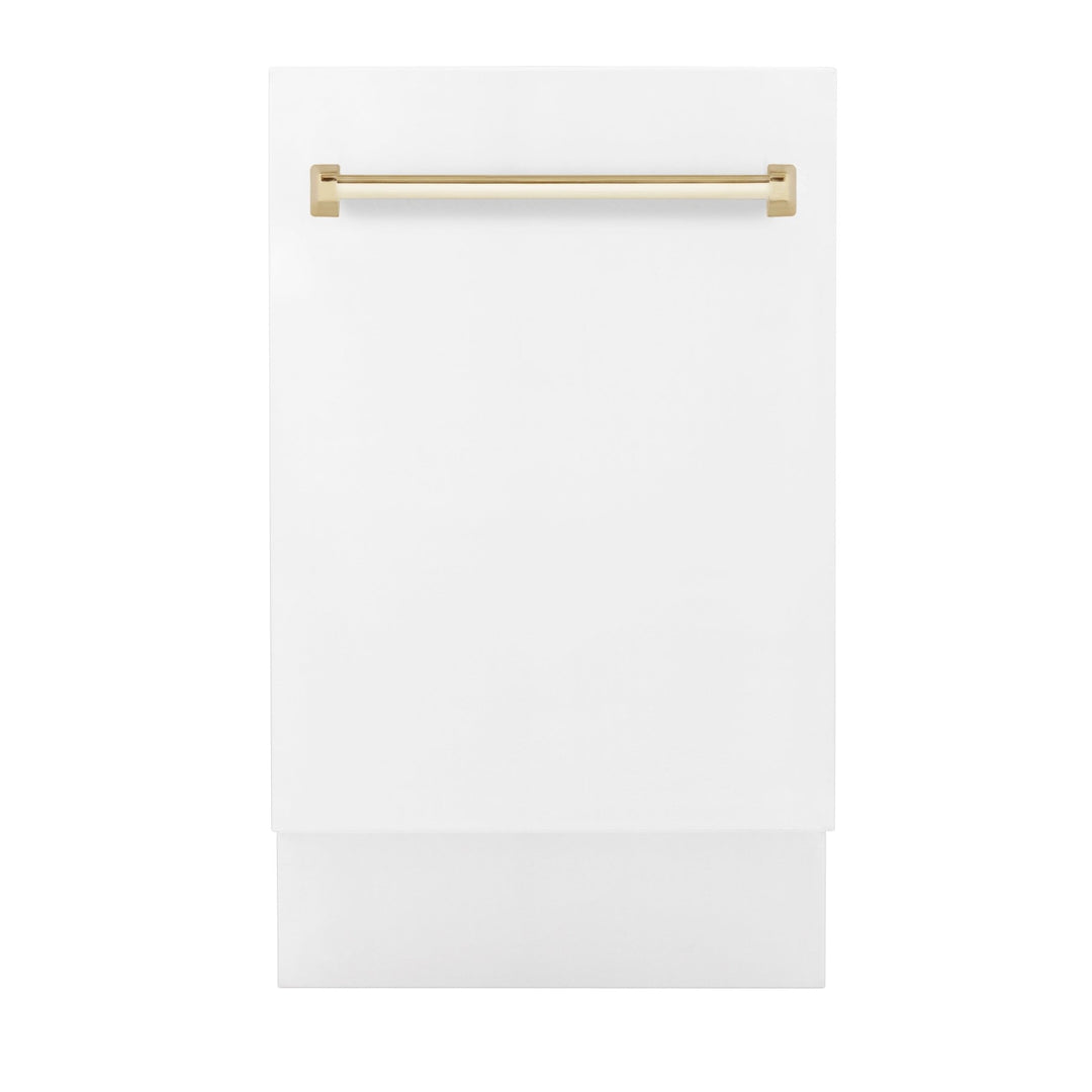 ZLINE Autograph Edition 18â€ Tallac Series 3rd Rack Top Control Built-In Dishwasher in White Matte with Polished Gold Handle, 51dBa (DWVZ-WM-18-G)