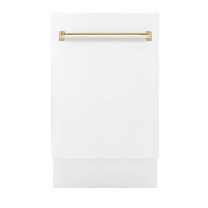 ZLINE Autograph Edition 18â€ Tallac Series 3rd Rack Top Control Built-In Dishwasher in White Matte with Polished Gold Handle, 51dBa (DWVZ-WM-18-G)