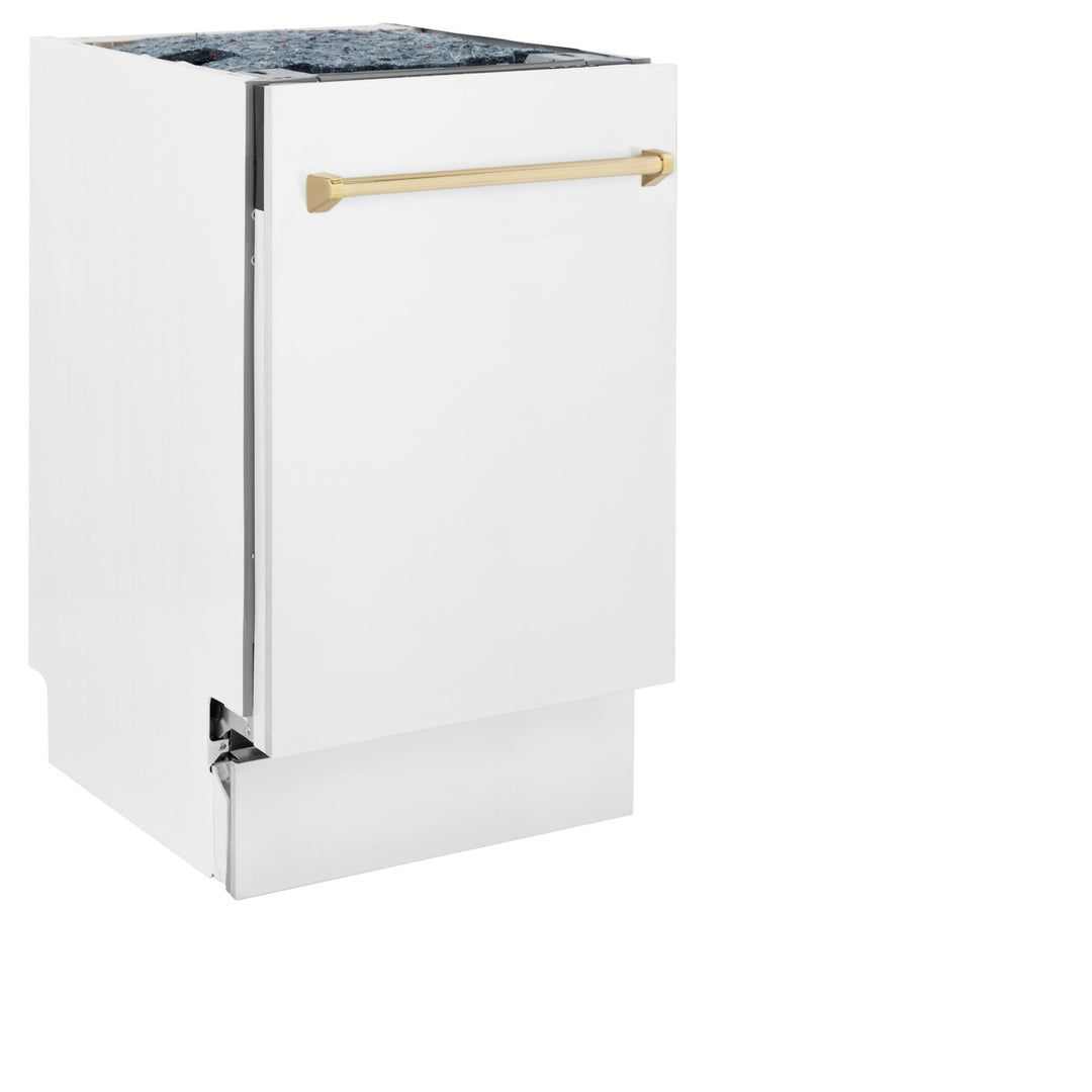 ZLINE Autograph Edition 18â€ Tallac Series 3rd Rack Top Control Built-In Dishwasher in White Matte with Polished Gold Handle, 51dBa (DWVZ-WM-18-G)