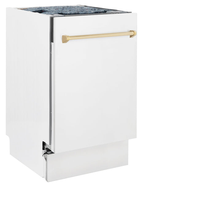 ZLINE Autograph Edition 18â€ Tallac Series 3rd Rack Top Control Built-In Dishwasher in White Matte with Polished Gold Handle, 51dBa (DWVZ-WM-18-G)