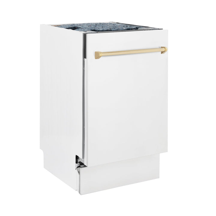 ZLINE Autograph Edition 18â€ Tallac Series 3rd Rack Top Control Built-In Dishwasher in White Matte with Polished Gold Handle, 51dBa (DWVZ-WM-18-G)