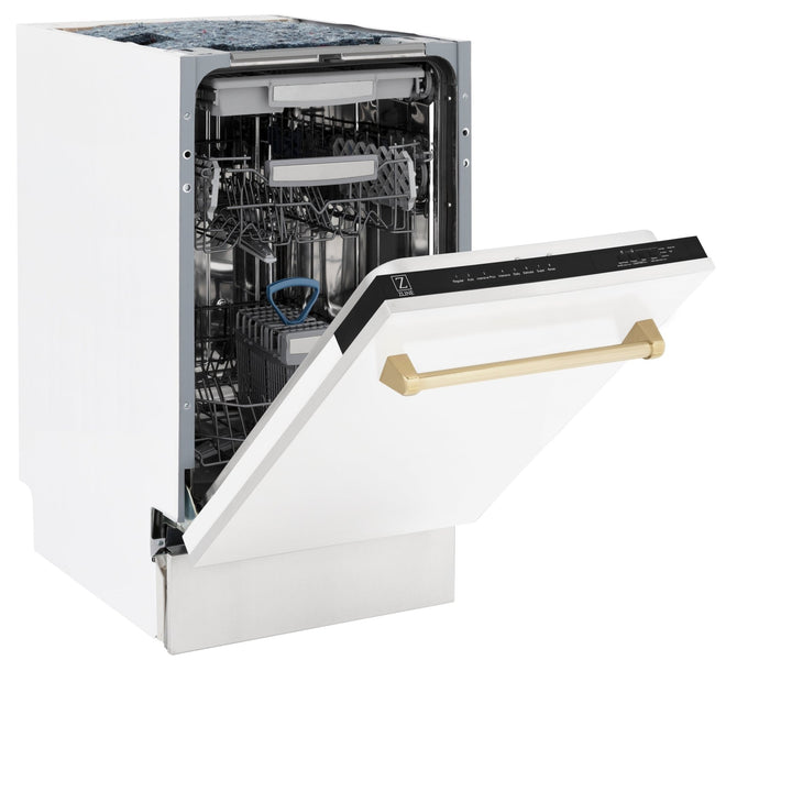 ZLINE Autograph Edition 18â€ Tallac Series 3rd Rack Top Control Built-In Dishwasher in White Matte with Polished Gold Handle, 51dBa (DWVZ-WM-18-G)