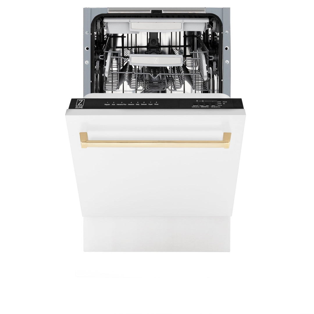ZLINE Autograph Edition 18â€ Tallac Series 3rd Rack Top Control Built-In Dishwasher in White Matte with Polished Gold Handle, 51dBa (DWVZ-WM-18-G)