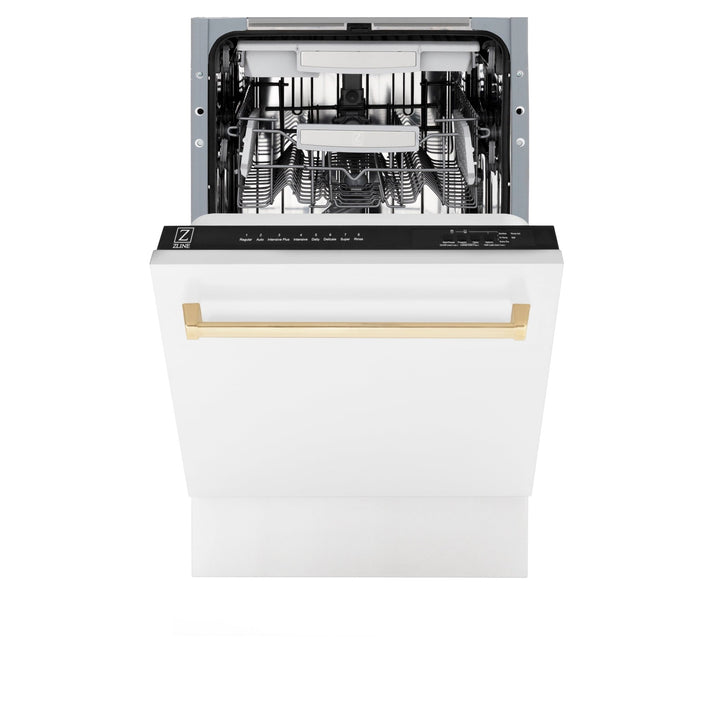 ZLINE Autograph Edition 18â€ Tallac Series 3rd Rack Top Control Built-In Dishwasher in White Matte with Polished Gold Handle, 51dBa (DWVZ-WM-18-G)