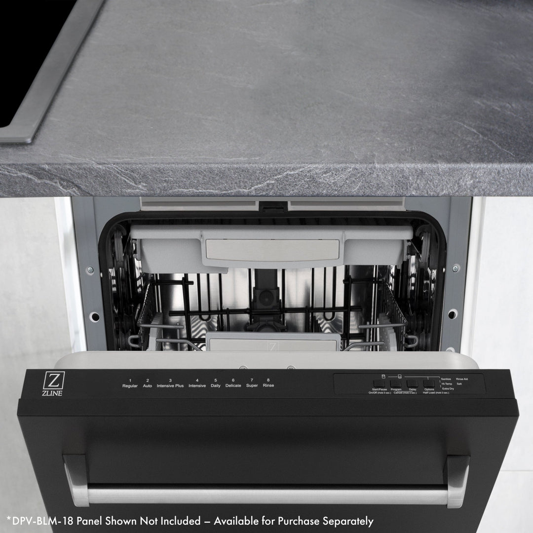 ZLINE Autograph Edition 18â€ Tallac Series 3rd Rack Top Control Dishwasher in Custom Panel Ready with Matte Black Handle, 51dBa (DWVZ-18-MB)
