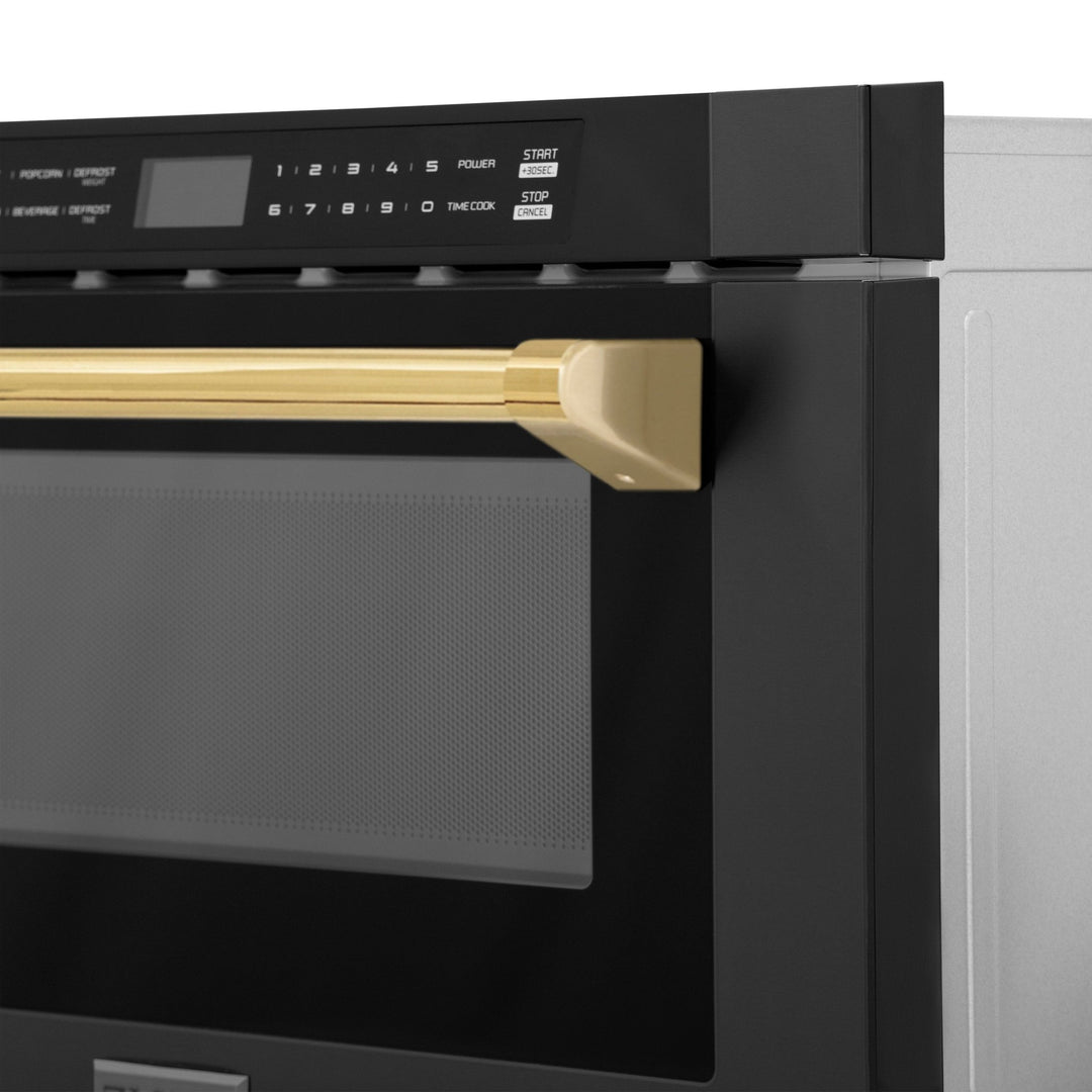 ZLINE Autograph Edition 24" 1.2 cu. ft. Built-in Microwave Drawer in Black Stainless Steel and Polished Gold  Accents (MWDZ-1-BS-H-G)