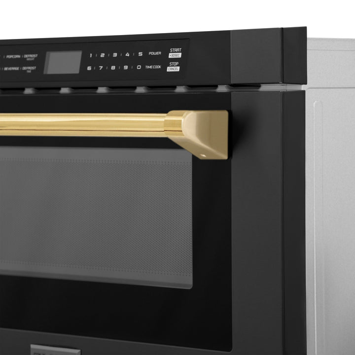 ZLINE Autograph Edition 24" 1.2 cu. ft. Built-in Microwave Drawer in Black Stainless Steel and Polished Gold  Accents (MWDZ-1-BS-H-G)