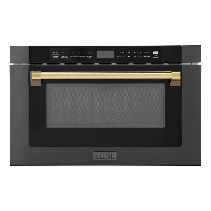 ZLINE Autograph Edition 24" 1.2 cu. ft. Built-in Microwave Drawer in Black Stainless Steel and Polished Gold  Accents (MWDZ-1-BS-H-G)